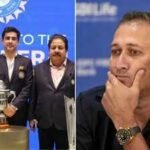 bcci secretary devajit saikia bcci president mithun manhas and bcci vice president rajeev shukla left ajit agarkar
