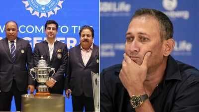 bcci secretary devajit saikia bcci president mithun manhas and bcci vice president rajeev shukla left ajit agarkar
