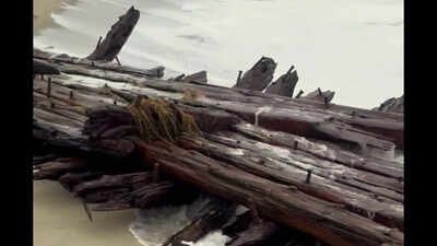 in 1884 the three masted ship the warren sawyer wrecked while carrying cotton and scrap today its remains resurfaced on a massachusetts island after a cyclone hit the region