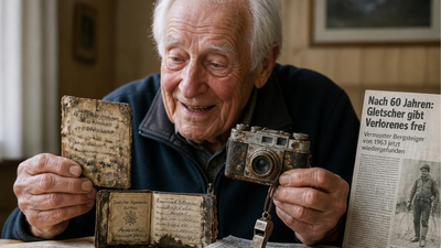 in 1963 a german mountain climber lost his belongings after falling into a crevasse today melting alpine glaciers reunite the 86 year old man with his deteriorated documents camera and whistle