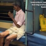 barefoot grandpa folds his heart into prayer before a printed bag with a portrait of god while sitting on a train berth netizens react with ai generated divine pictures of god appearing before him