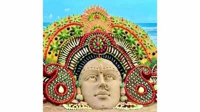 sudarsan pattnaiks unique maa durga installation at puri beach grabs attention